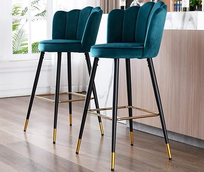 30" Inch Bar Stools with Back, Teal Blue Pub Height Tall Velvet Bar Stools Modern, Set of 2, Teal... | Amazon (US)
