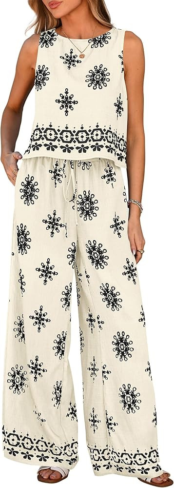 PRETTYGARDEN Women's 2026 Summer 2 Piece Lounge Sets Boho Floral Tank Tops Flowy Wide Leg Pants T... | Amazon (US)
