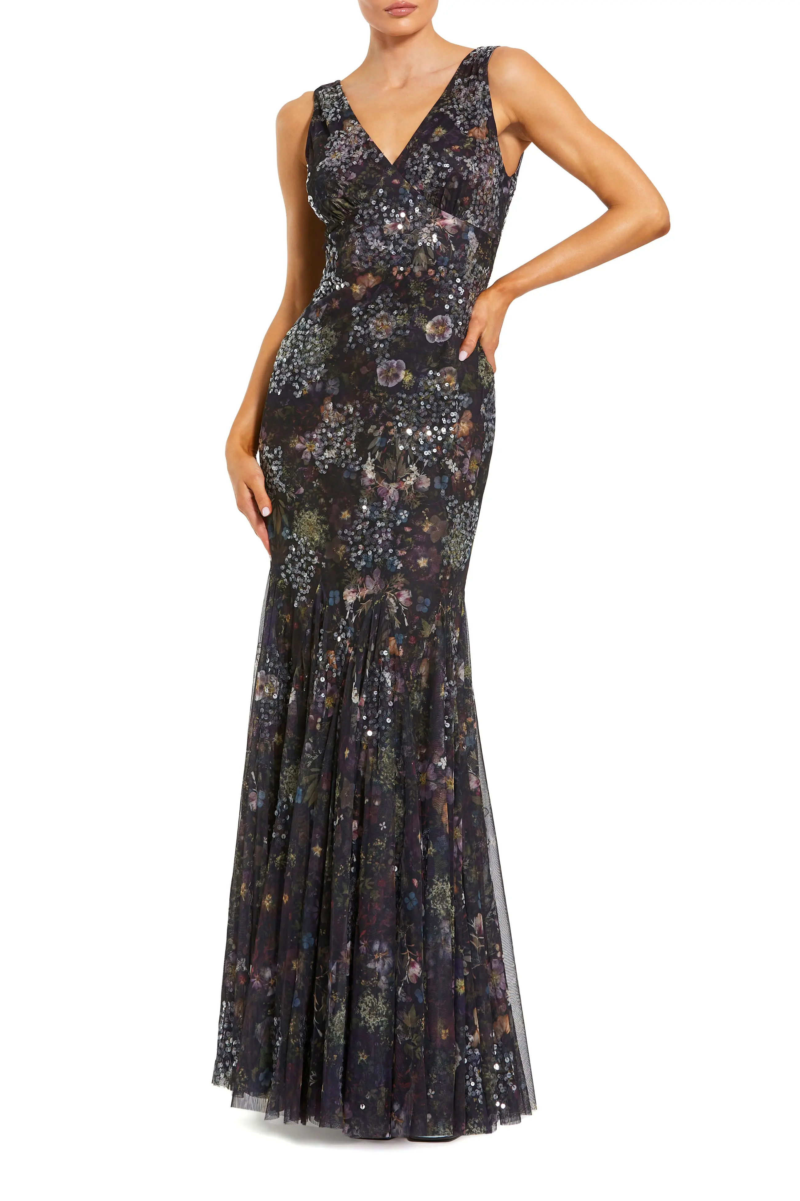Mac Duggal Embellished Floral Sleeveless V-Back Gown in Black Multi at Nordstrom, Size 8 | Nordstrom