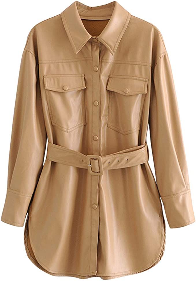 chouyatou Women's Cool Elegant Mid-Length Belted Faux Leather Shirt Jacket Shacket | Amazon (US)