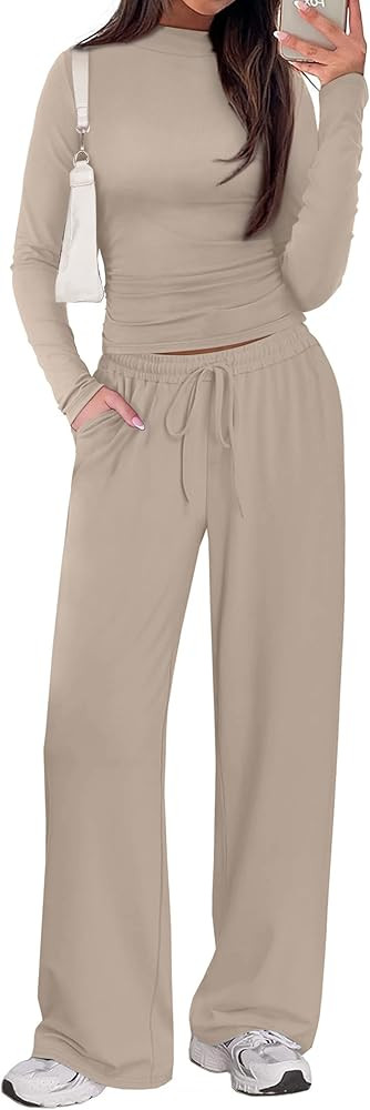 SAMPEEL Two Piece Lounge Set for Women 2 Piece Fall Outfits 2025 Mock Neck Ruched Tops Wide Leg P... | Amazon (US)