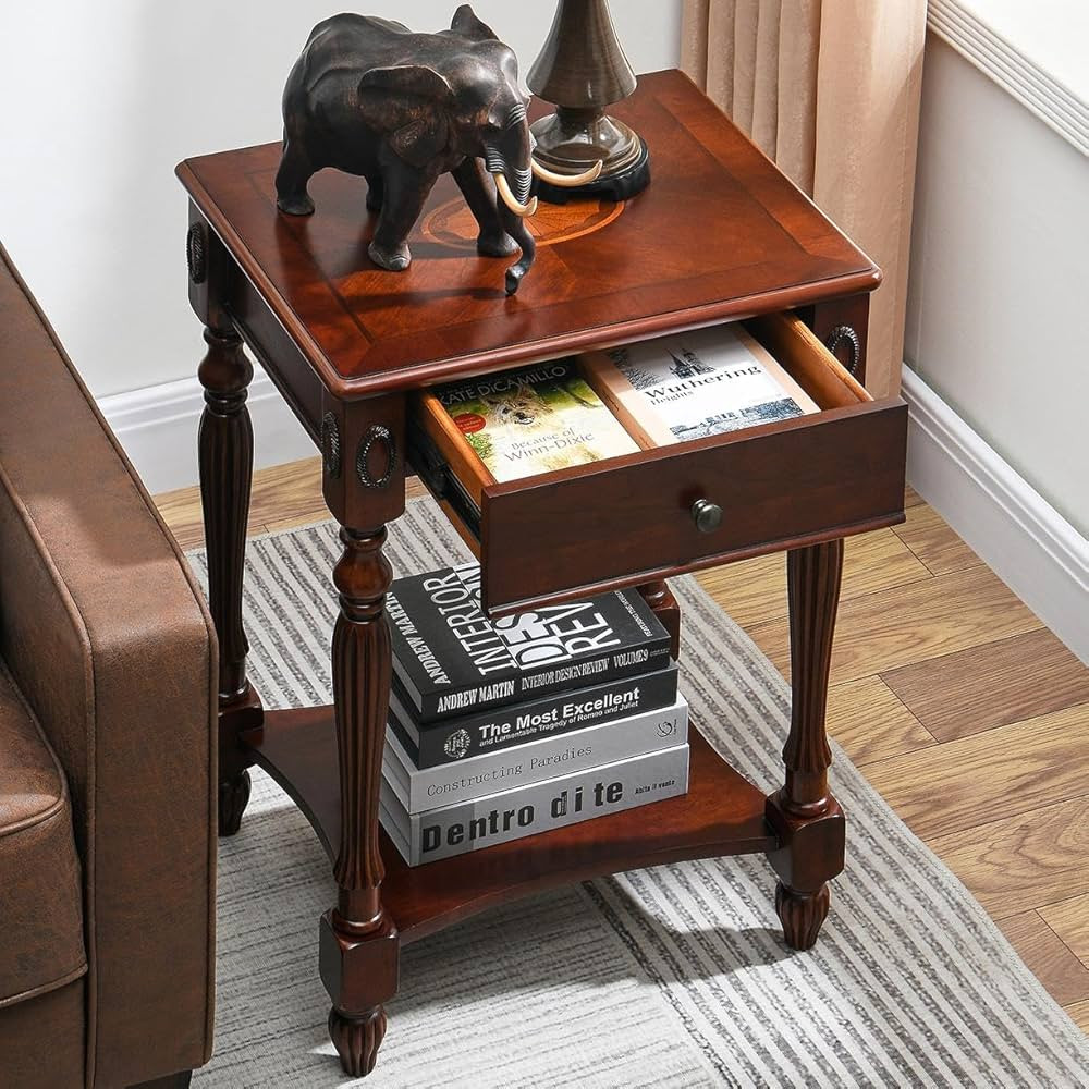 LEEMTORIG Solid Wood Side Table with Drawer, Victorian Style Vintage Nightstand, Antique Cherry W... | Amazon (US)