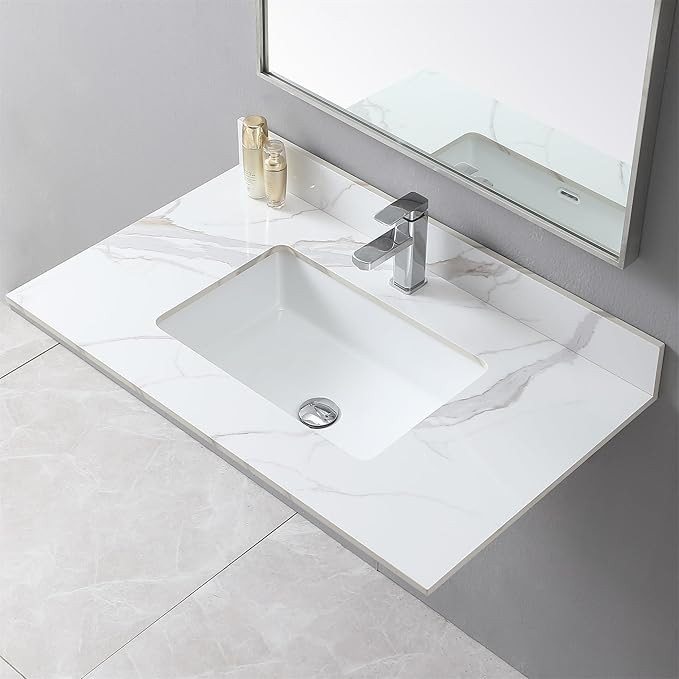 37" Bathroom Vanity Top with Ceramic Undermount Sink & Backsplash,Carrara White Sintered Stone Co... | Amazon (US)