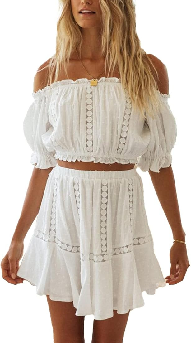 Women's 2 Pieces Outfits Hollowed-Out Skirt Crop Short Sleeve Tops Set Sun Flowy Summer Outfits | Amazon (US)