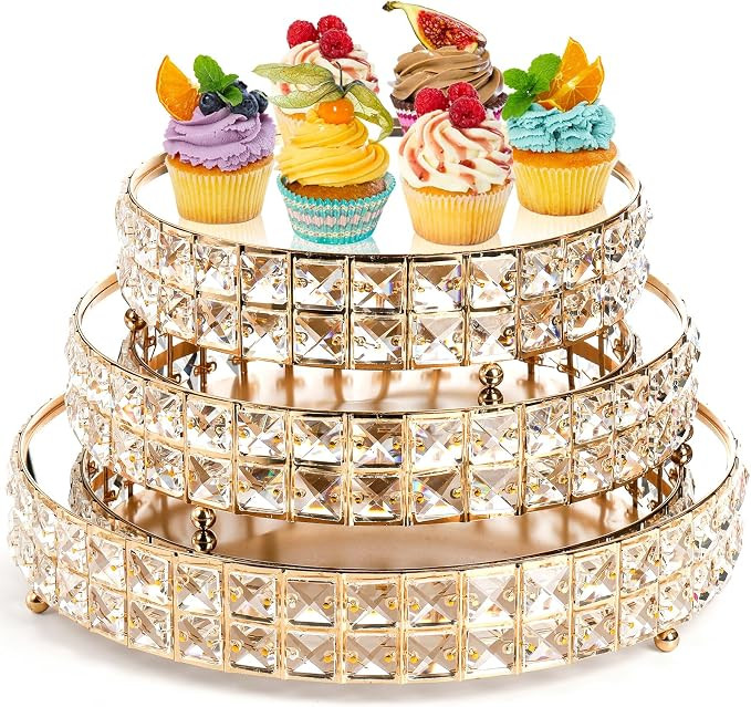 Goaste 3 Pack Crystal Cake Display Stand with Mirror, 14" 12" 10" Metal Pedestal Gold Round Cake ... | Amazon (US)