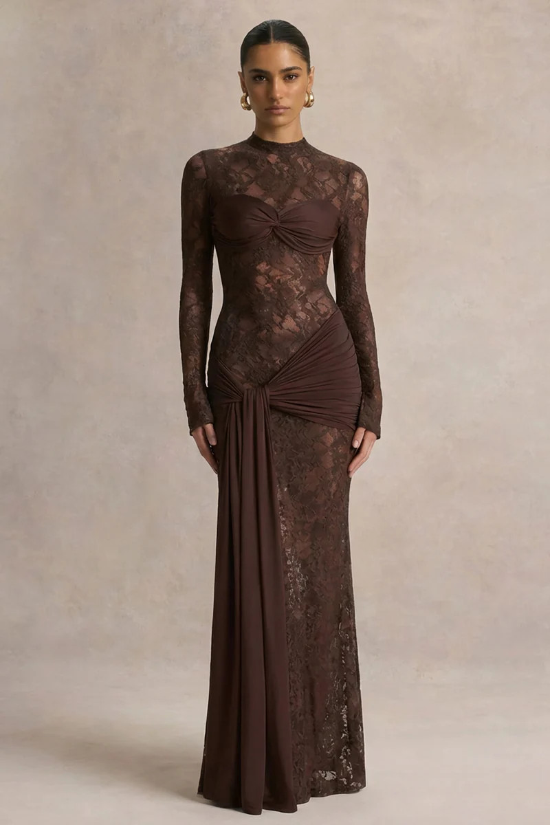 Akira  Brown Lace Maxi Dress With Sash-Detail | Club L London