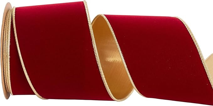 Red Velvet Christmas Wired Ribbon 4 inch Wide*10Y Red and Gold Double Sided Velvet Ribbon for Chr... | Amazon (US)
