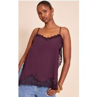 Dark Plum Woven Lace Trim Detail Strappy Cami Top | PrettyLittleThing US