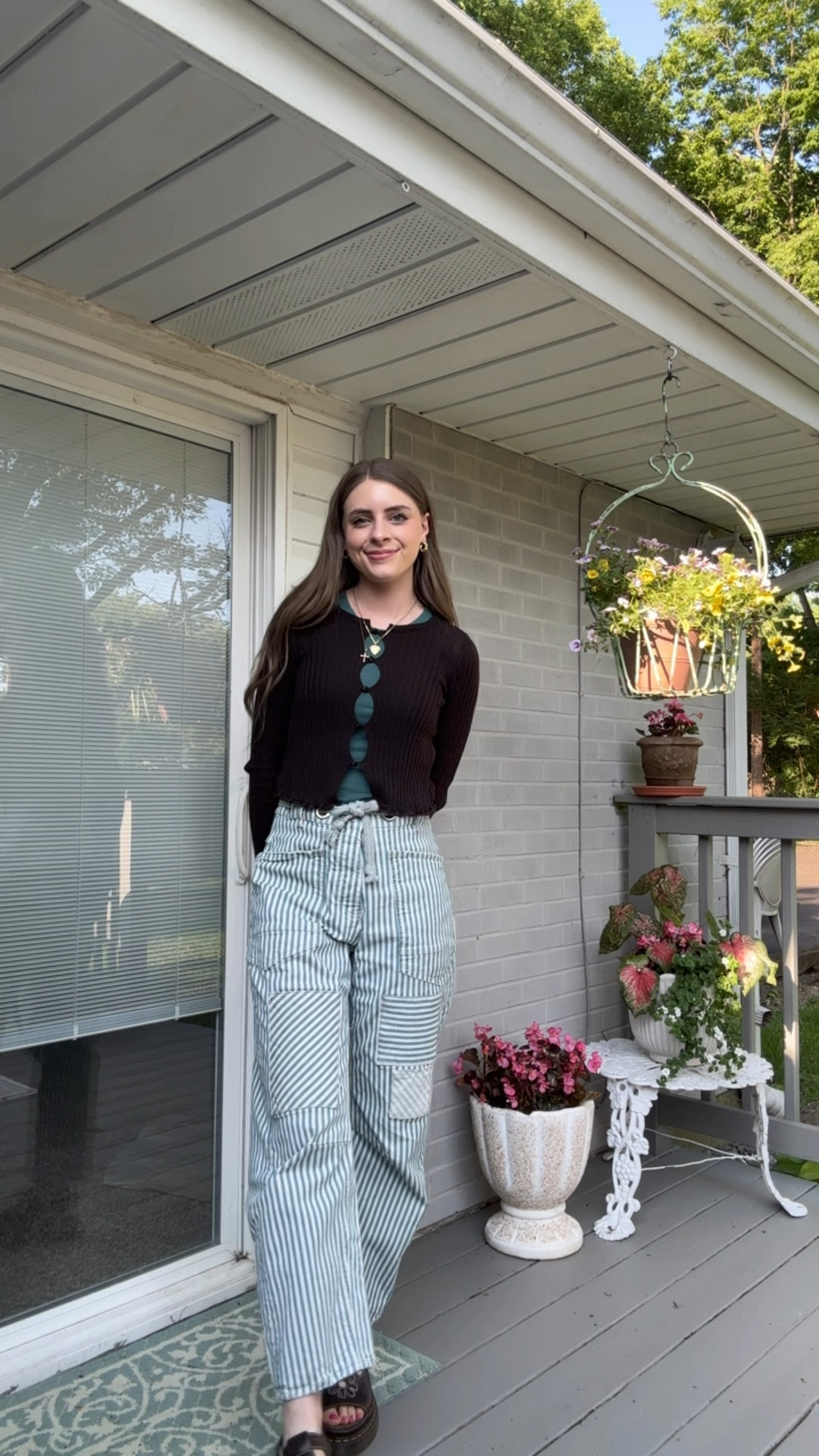 6/2/25 outfit!

Top is old—Erica Cardi from Free People
Sandals are sold out Dunnet Dr Marten sandals but I linked a similar pair from Amazon

Brown button front sheer long sleeve cardigan button top blouse, dark hunter green racer back ribbed tank top, free people we the free moxie railroad jean tie waist striped denim pants, green stripe pants, drawstring tie pants high waisted, gold Amazon jewelry, affordable jewelry finds, gold twisted hoops, platform Dr marten sandals dunnet flower brown leatherr

#LTKStyleTip #LTKSeasonal #LTKSaleAlert