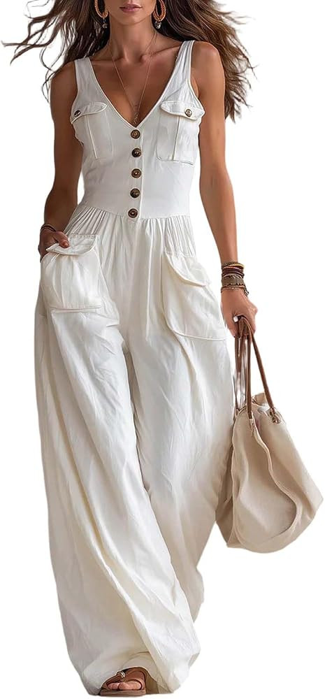 Women Button Down Jumpsuits Cotton Linen V Neck Sleeveless Rompers Loose Fit Overalls with Pocket... | Amazon (US)