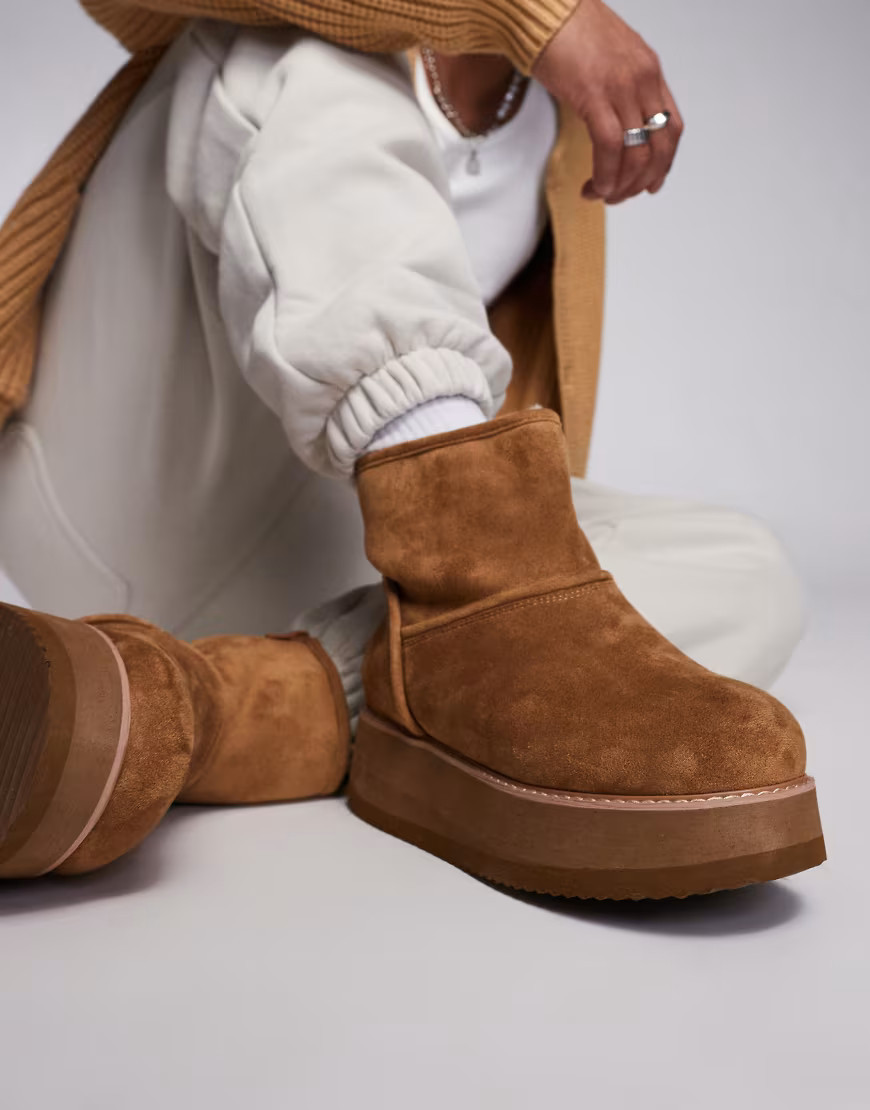 ASOS DESIGN pull on boots in tan faux suede with chunky sole-Brown | ASOS (Global)
