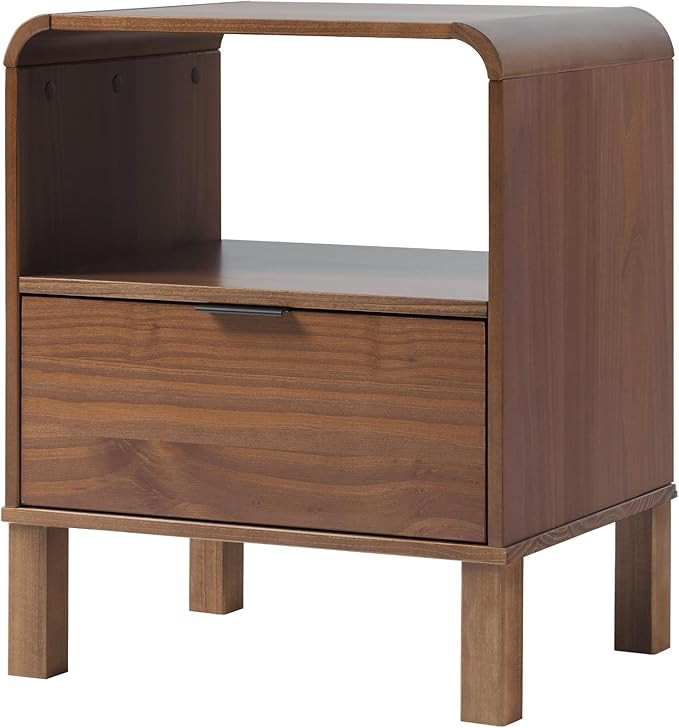 Walker Edison Modern Curved-Top Solid Wood 1-Drawer Nightstand with Open Cubby, 24 Inch, Brown | Amazon (US)