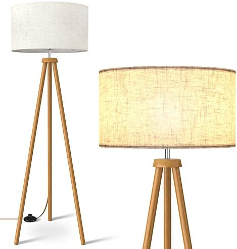 LEPOWER Wood Tripod Floor Lamp, Mid Century Standing Lamp, Flaxen Lamp Shade with E26 Lamp Base, ... | Amazon (US)