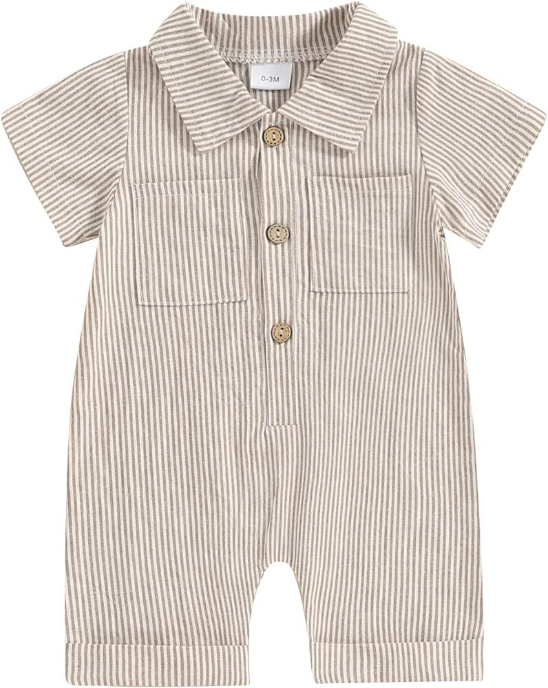 BemeyourBBs Newborn Baby Boy Summer Clothes Stripe Short Sleeve Dress Shirt Romper Button Jumpsui... | Amazon (US)