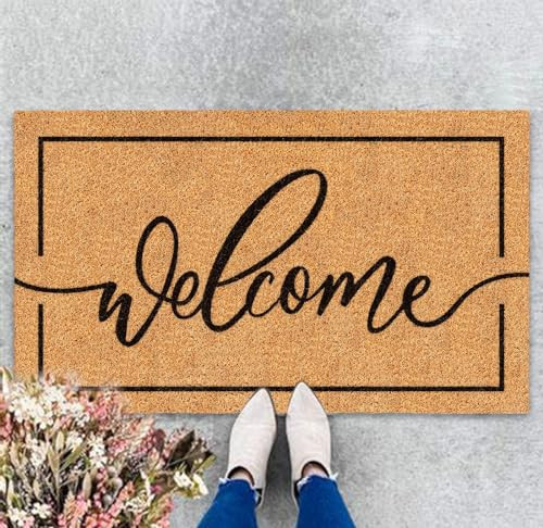 JarThenaAMCS Welcome Mat Natural Coir Door Mat Rustic Brown Welcome Floor Mat with Black Border Thick Doormat Non-Slip Entrance Door Rugs for Front Door Entry Indoor Outdoor Decor | Amazon (US)