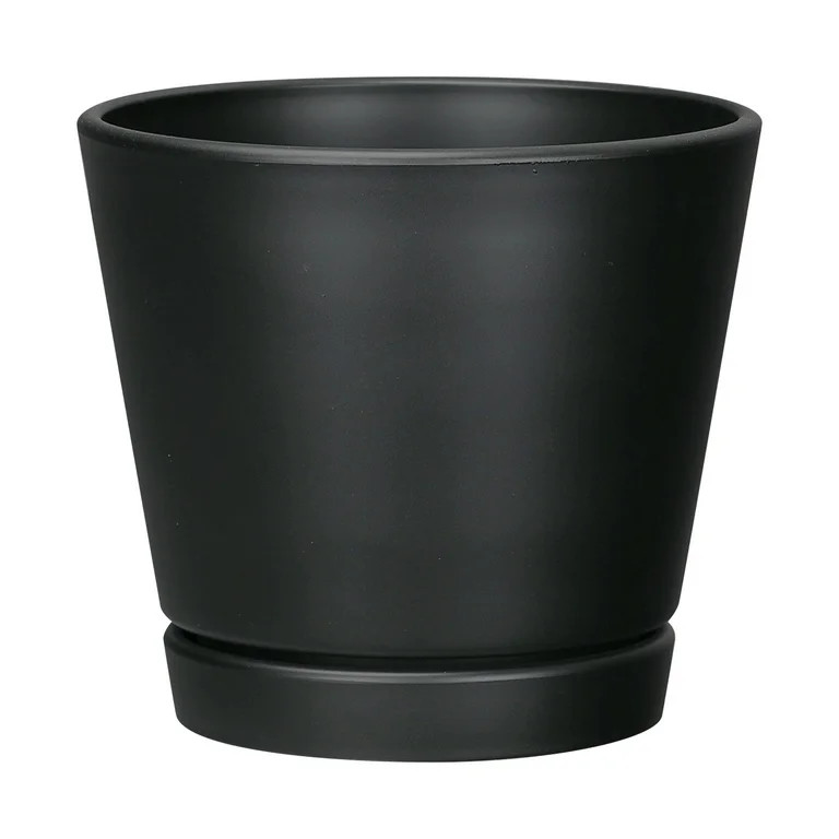 Mainstays Recycled Recycled Resin Planter with Attached Saucer, Black, 7.9in x 7.9in x 7.1in | Walmart (US)