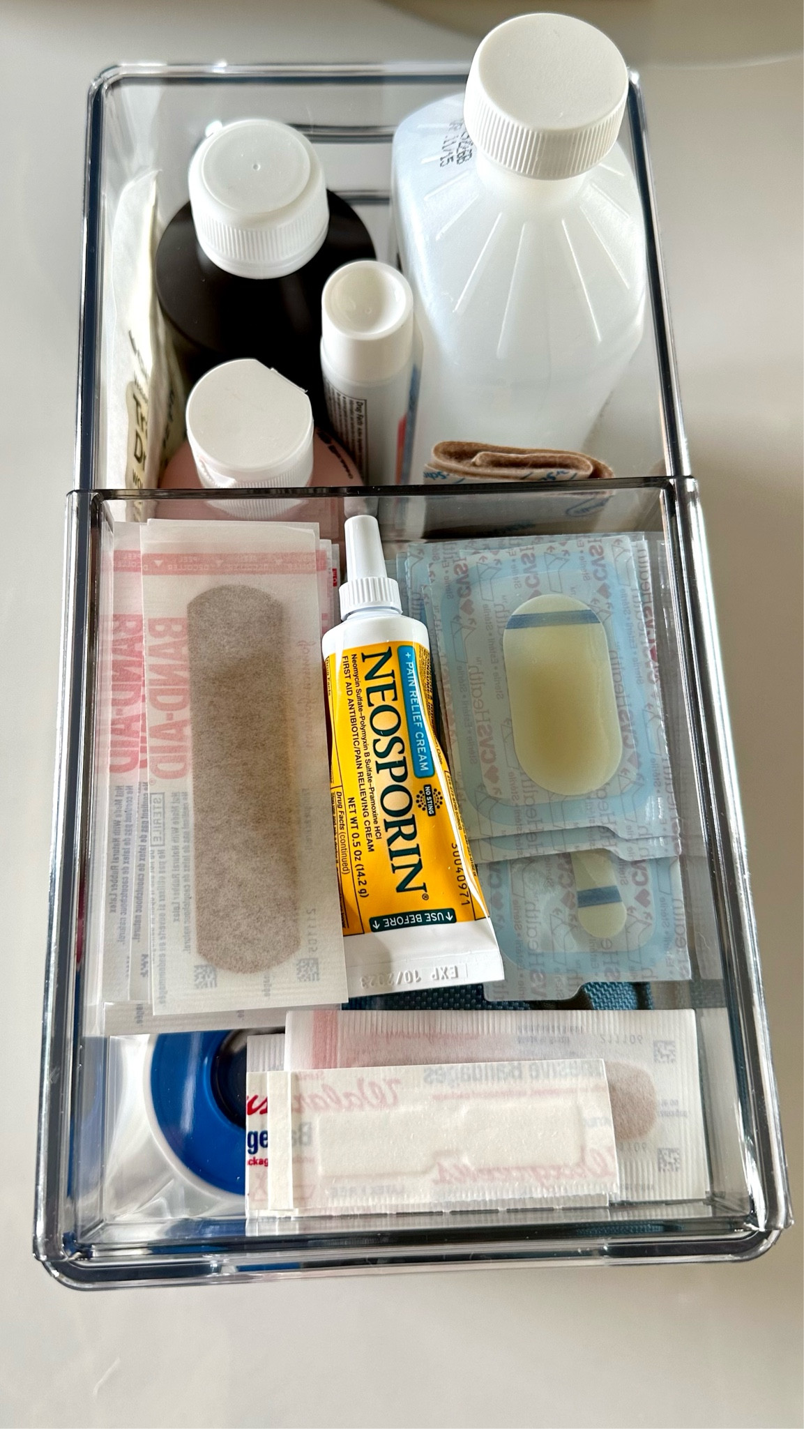 First aid supply bin. Use the Walmart Home Edit Narrow bin with Slider to keep the bandaids and blister pads within reach  

#LTKhome