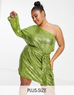 Collective the Label Curve one sleeve tie waist sequin mini dress in lime | ASOS (Global)
