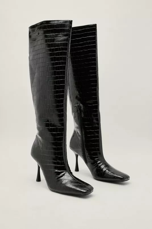 Stretch Faux Croc Stiletto Knee High Boots | Nasty Gal (US)