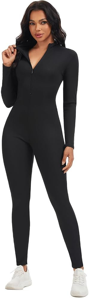 Women Zip Up Bodycon Jumpsuits Ribbed Long Sleeve Slim Fit One Piece Pants Jumpsuits | Amazon (US)