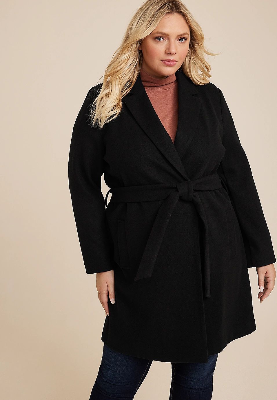 Plus Size Black Wrap Longline Coat | Maurices