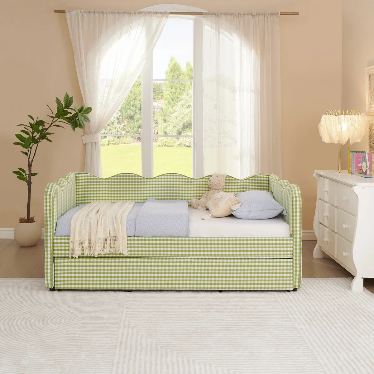 Twin Size Linen Fabric Cozy Gingham Daybed with Trundle and USB Port | Wayfair North America
