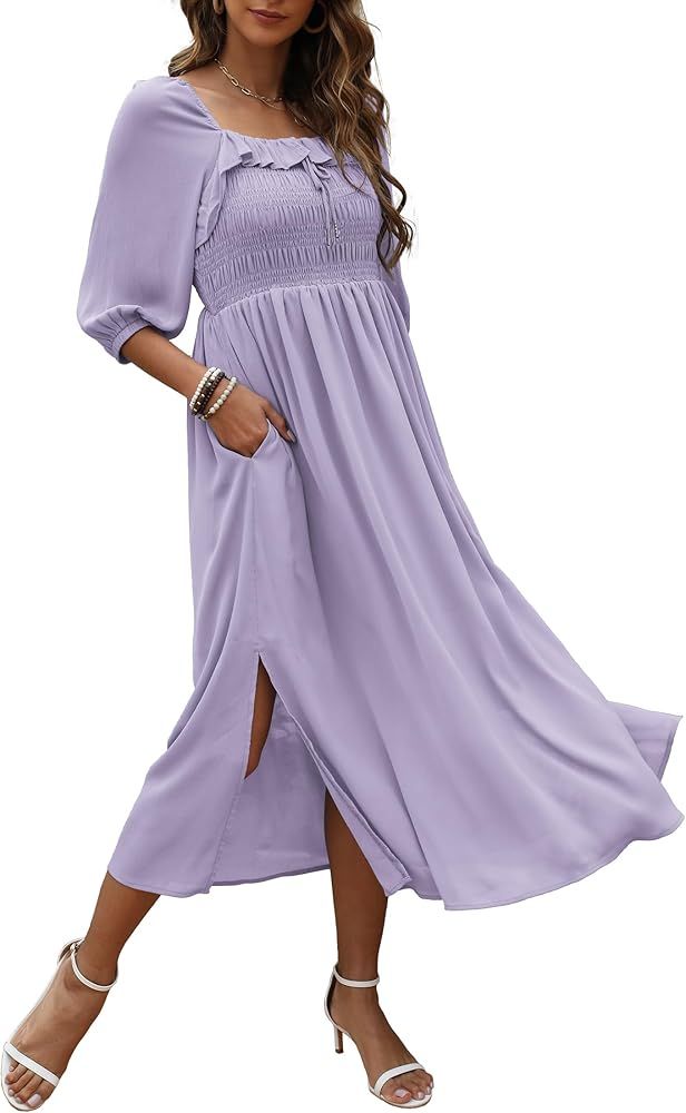 Summer Dresses for Women Smocked Square Neck Half Sleeve Chiffon Elastic Waist Split Backless Flo... | Amazon (US)