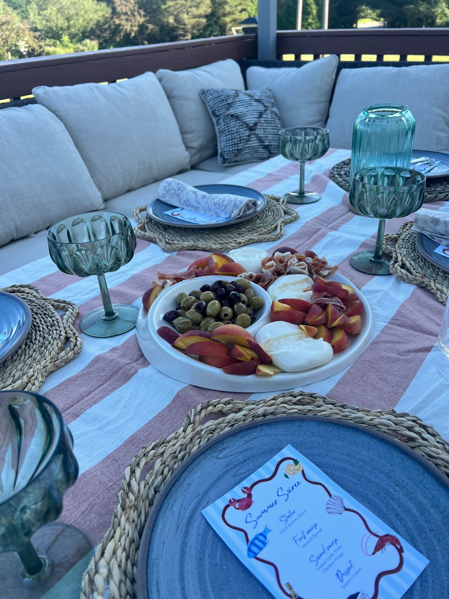 Summer deck party with seafood inspired menu 
Green melamine outdoor pool glasses 
Blue plates with jute chargers 
Al fresco party 


#LTKParties #LTKHome #LTKSeasonal