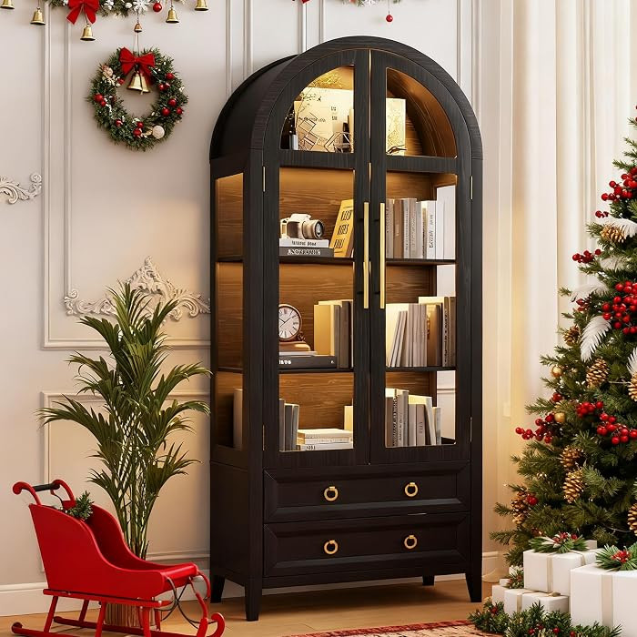 LVSOMT 71" Tall Arched Storage Cabinet with Glass Doors and Drawers, Curio Display Cabinet with A... | Amazon (US)