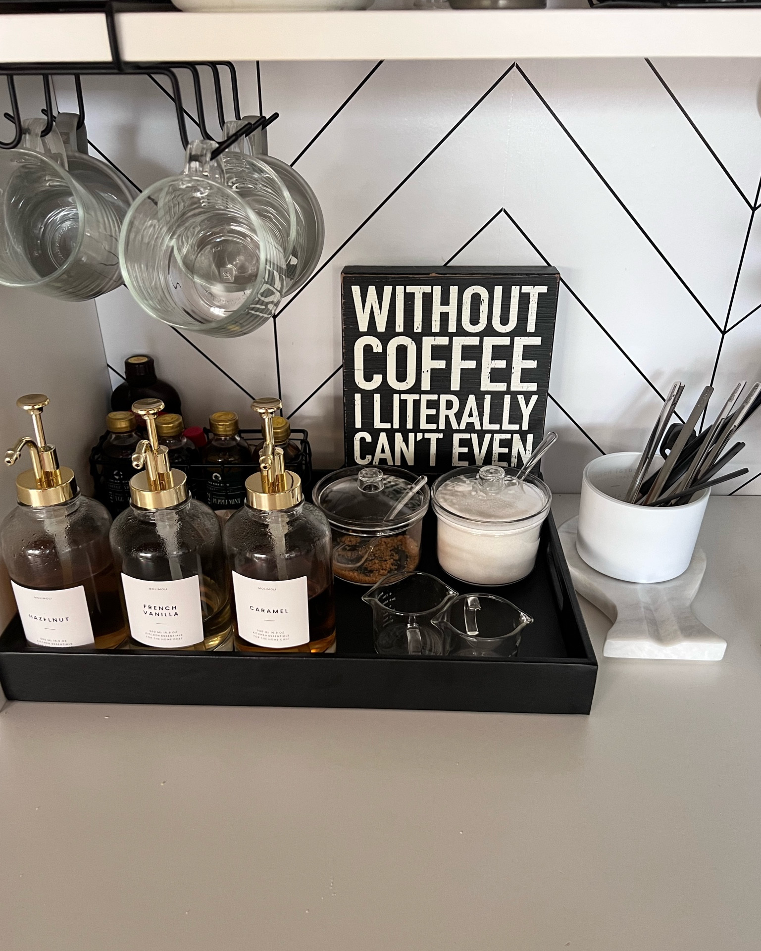  Coffee bar
Mugs
Coffee cup
Mug rack
Syrup dispenser 
Sugar
Brown sugar
Marble spoon
Black tray
Amazon finds

#LTKhome