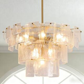 Modern Luxury 13-Light Plated Brass 4-Tiered Round Chandelier for Living Space with Rectangle Clear Seeded Glass Shades | The Home Depot