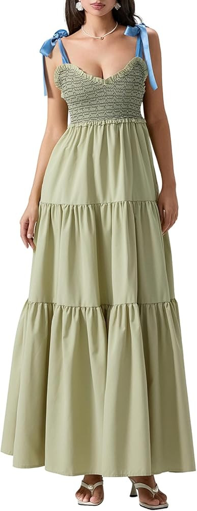 NUFIWI Women Ruffle Hem Tie Shoulder Maxi Dress Sleeveless V Neck Tired A Line Boho Beach Dress P... | Amazon (US)