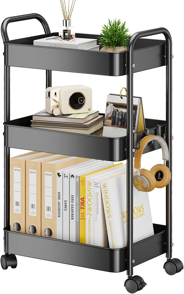 YASONIC 3-Tier Metal Rolling Cart Utility Carts with Wheels Black | Amazon (US)