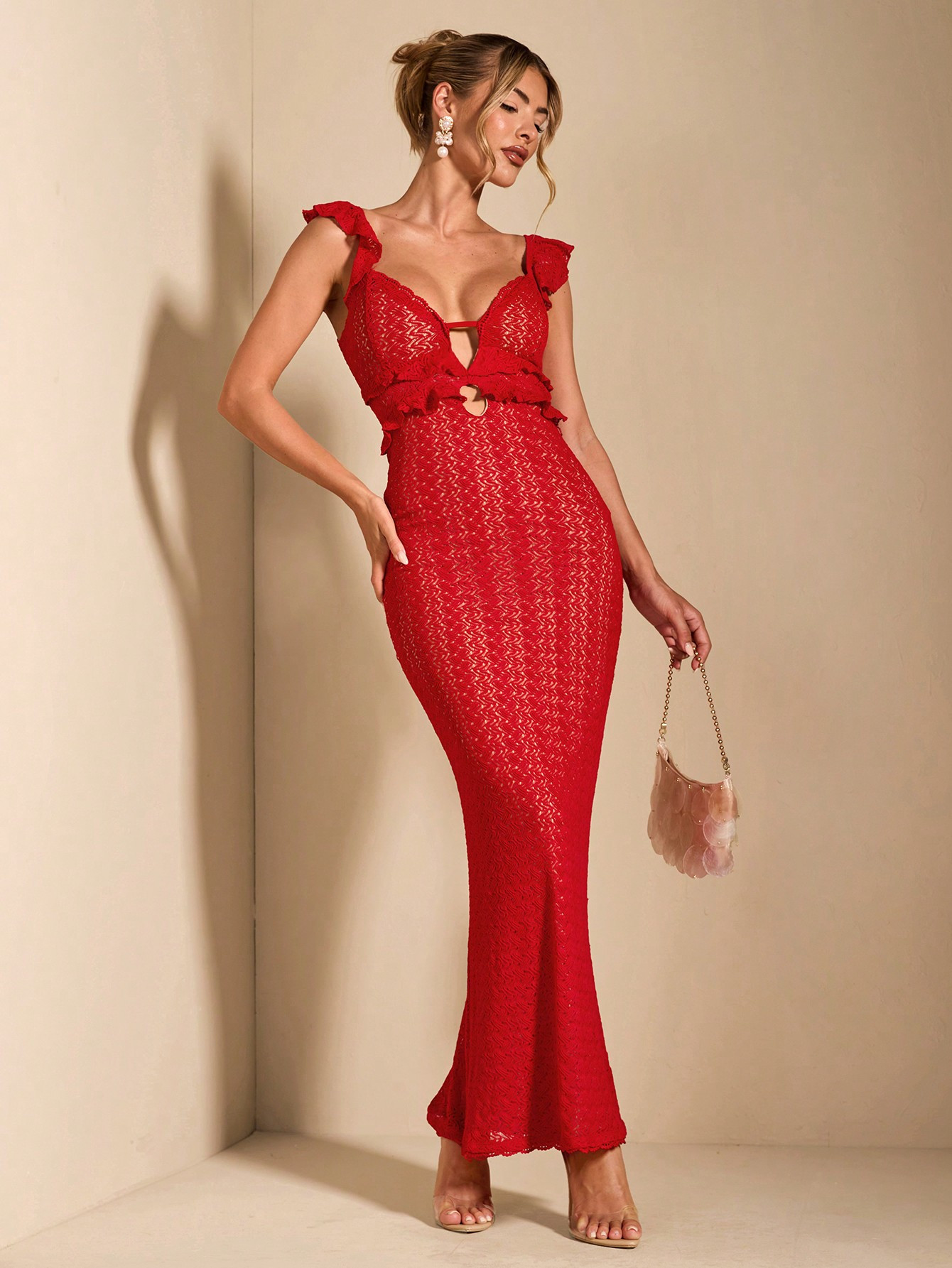 SHEIN BAE Summer  Sexy Hollow Crochet Textured Cap Sleeve Backless Tie Up Elegant Long Mermaid Dr... | SHEIN