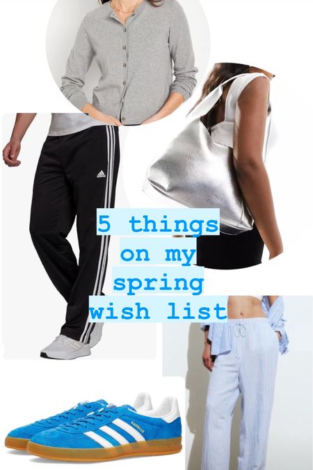Spring wishlist: grey, crew neck cardigan, track pants, silver bag, blue sneakers and d blue striped pants. 

#LTKover40 #LTKSeasonal #LTKfindsunder50