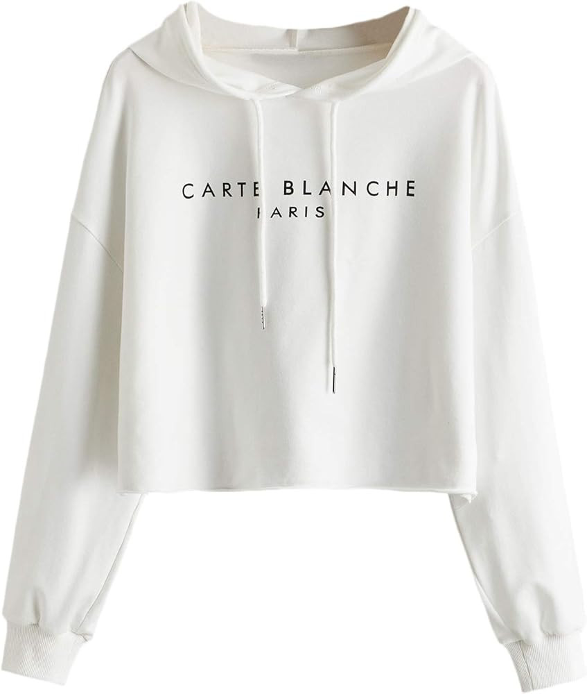 Romwe Women's Letter Print Sweatshirt Raw Hem Drawstring Crop Top Hoodie | Amazon (US)