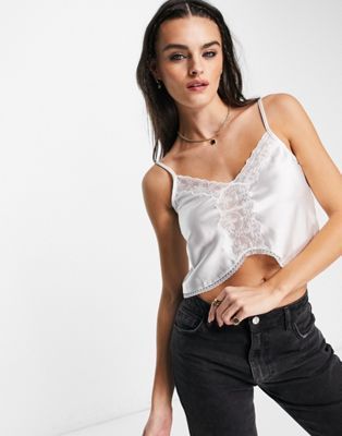 ASOS DESIGN satin cami with lace insert and dip hem detail in ivory | ASOS (Global)