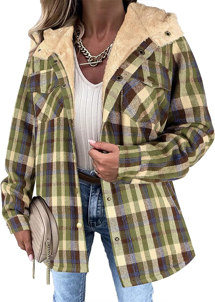 Zeagoo Womens Plaid Shacket Jacket Long Sleeve Button Down Fleece Hooded Jackets Warm Coat | Amazon (US)
