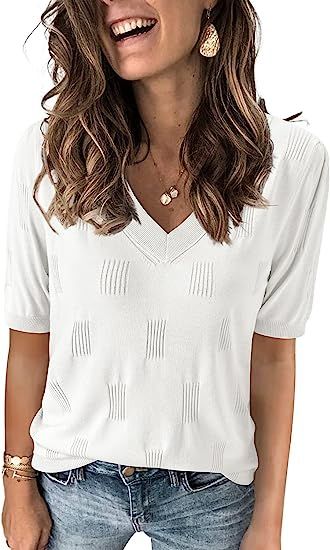 Arach&Cloz Women's Spring Summer Tops 2023 Fashion V Neck Long/Short Sleeve Pullover Knitted Casu... | Amazon (US)