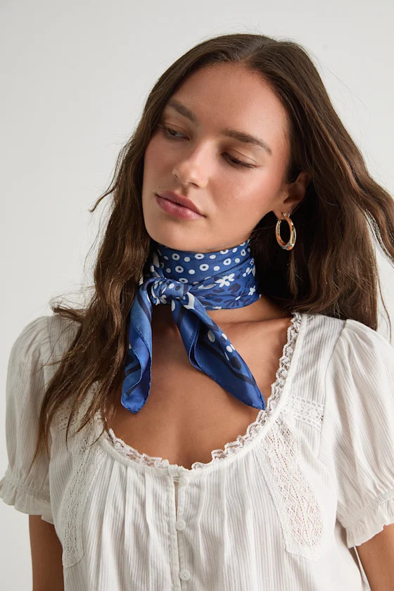 Landa Blue Floral Bandana Satin Scarf | Lulus