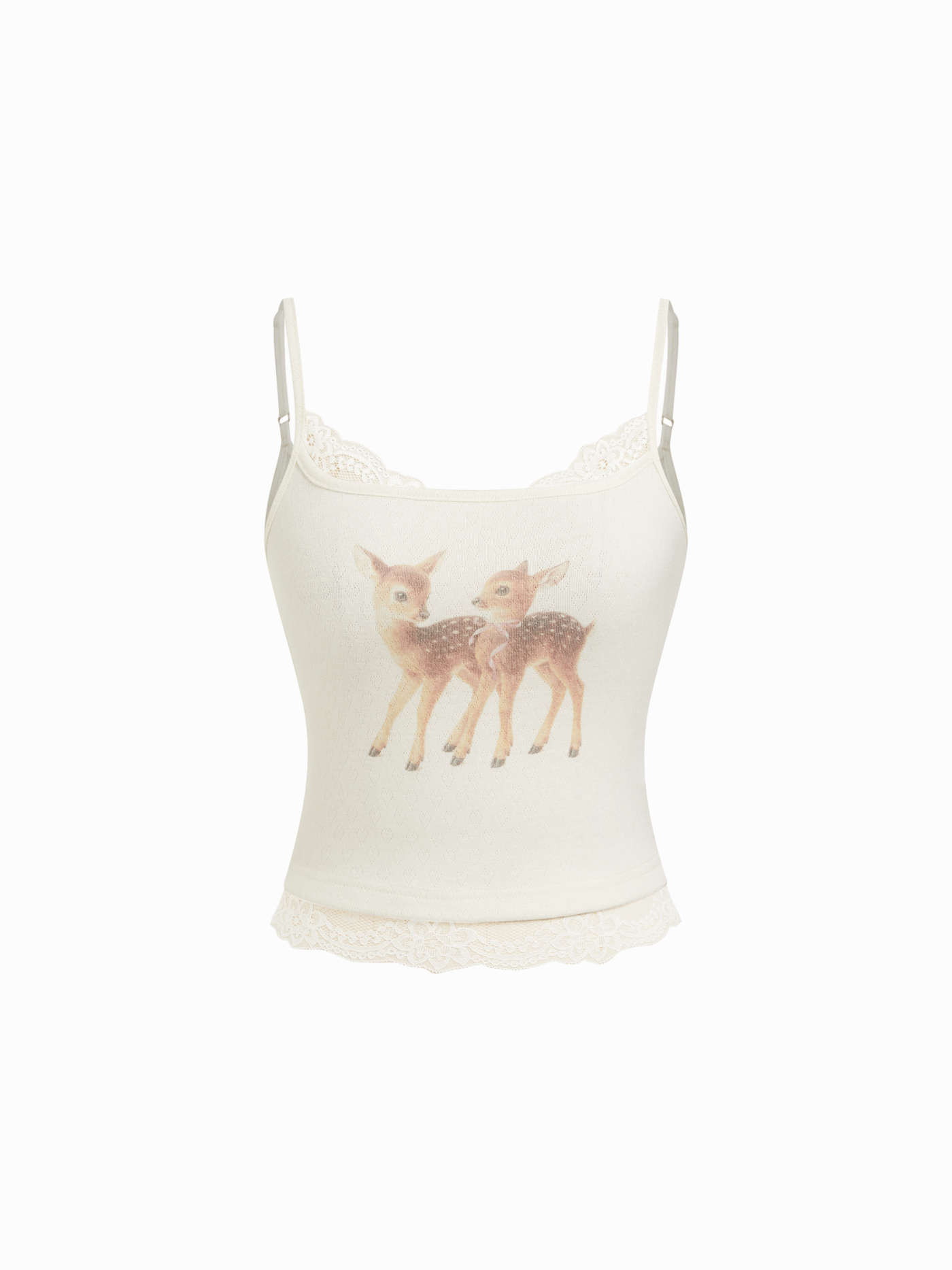 Chiffon Round Neckline Deer Graphic Lace Trim Cami Top For Daily Casual | Cider