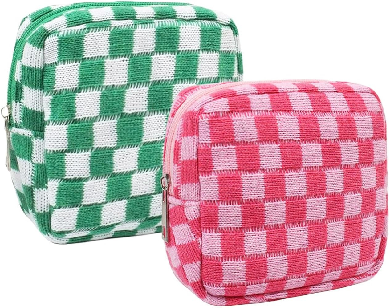 2 Pieces Makeup Bag Small, Mini Checkered Make Up Bag Travel Cute Cosmetic Bags for Women Preppy ... | Amazon (US)