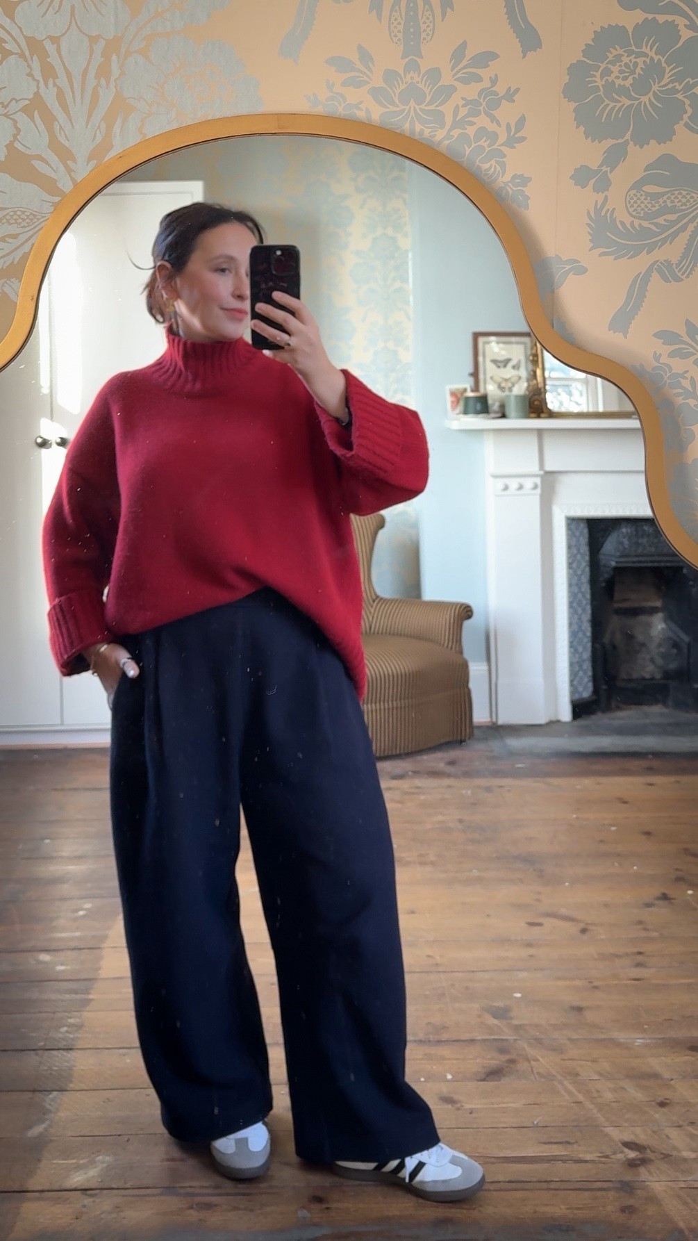 Comfy warm winter outfit 

Wool navy trousers
Red cashmere funnel neck jumper
Adidas samba trainers 

Over 40 outfits 

#LTKuk #LTKeurope #LTKmidsize