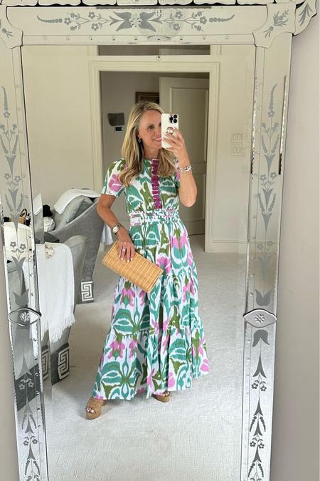 Love the colors and pattern of this beautiful maxi dress. I’ve paired it with a neutral clutch and cork wedges.

#LTKstyletip #LTKSeasonal #LTKFind