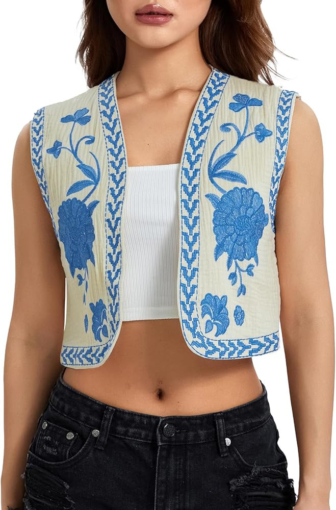 Women Vintage Floral Embroidered Vest Y2K Sleeveless Open Front Cardigan Boho Linen Cropped Waist... | Amazon (US)