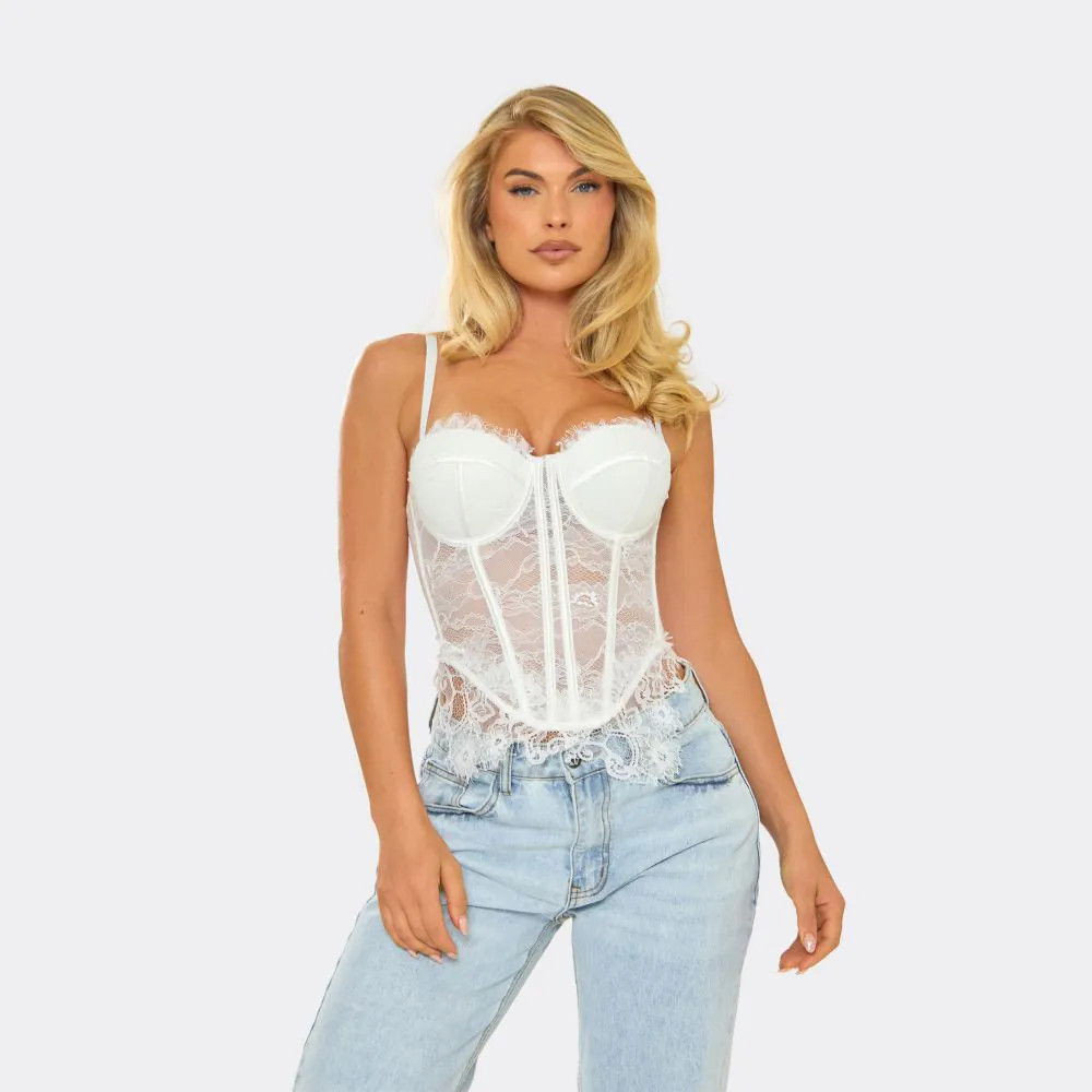 Strappy Structured Underwire Detail Corset Top In White Lace | EGO (UK)