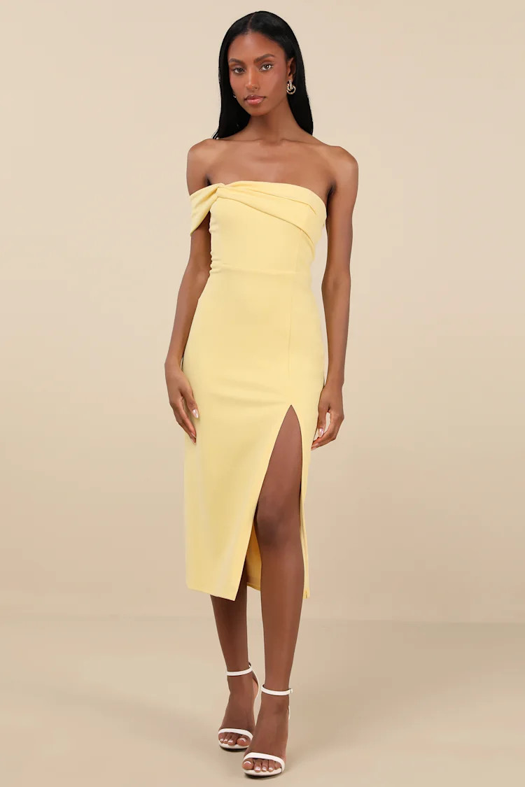 Twist and Make Up Light Yellow One-Shoulder Bodycon Midi Dress | Lulus