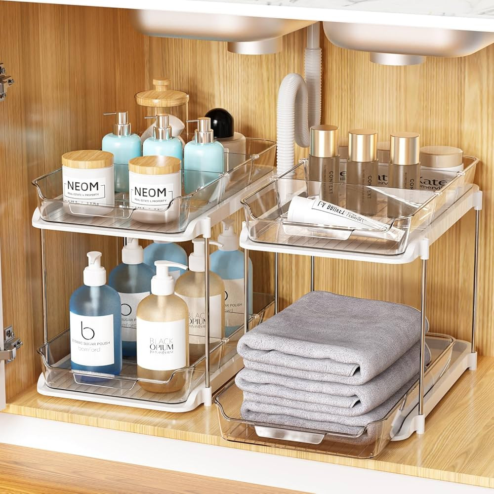2 Sets of 2-Tier Under Sink Clear Kitchen Organizer Countertop, Multifunction Pull out Cabinet Or... | Amazon (US)