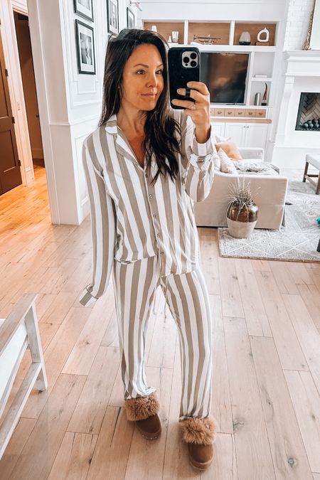 Butter soft and light weight. I have 3 pairs of these pajamas. This olive stripe is from last year but there are so many cute prints this year. Great gift! Wearing small. 

The most comfortable slippers! I have to fields version linked as well as these super cushy brown ones! 

#LTKshoecrush #LTKunder100