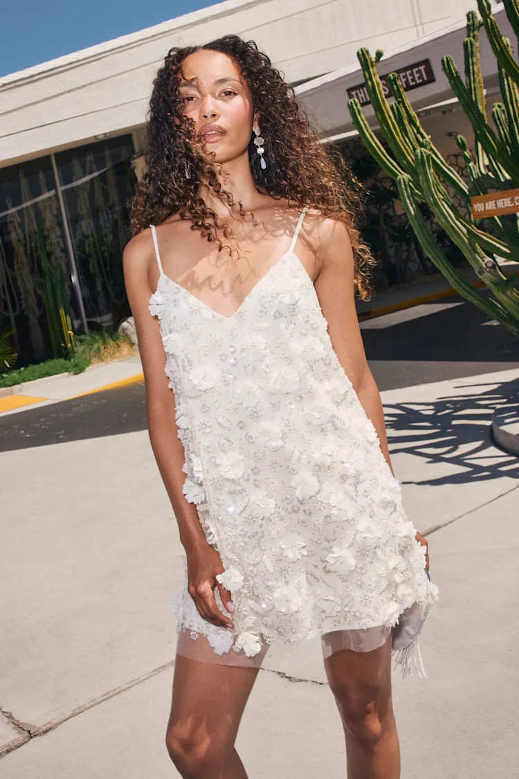 Jonesy Cream 3D Floral Sequin Mini Dress | Lulus